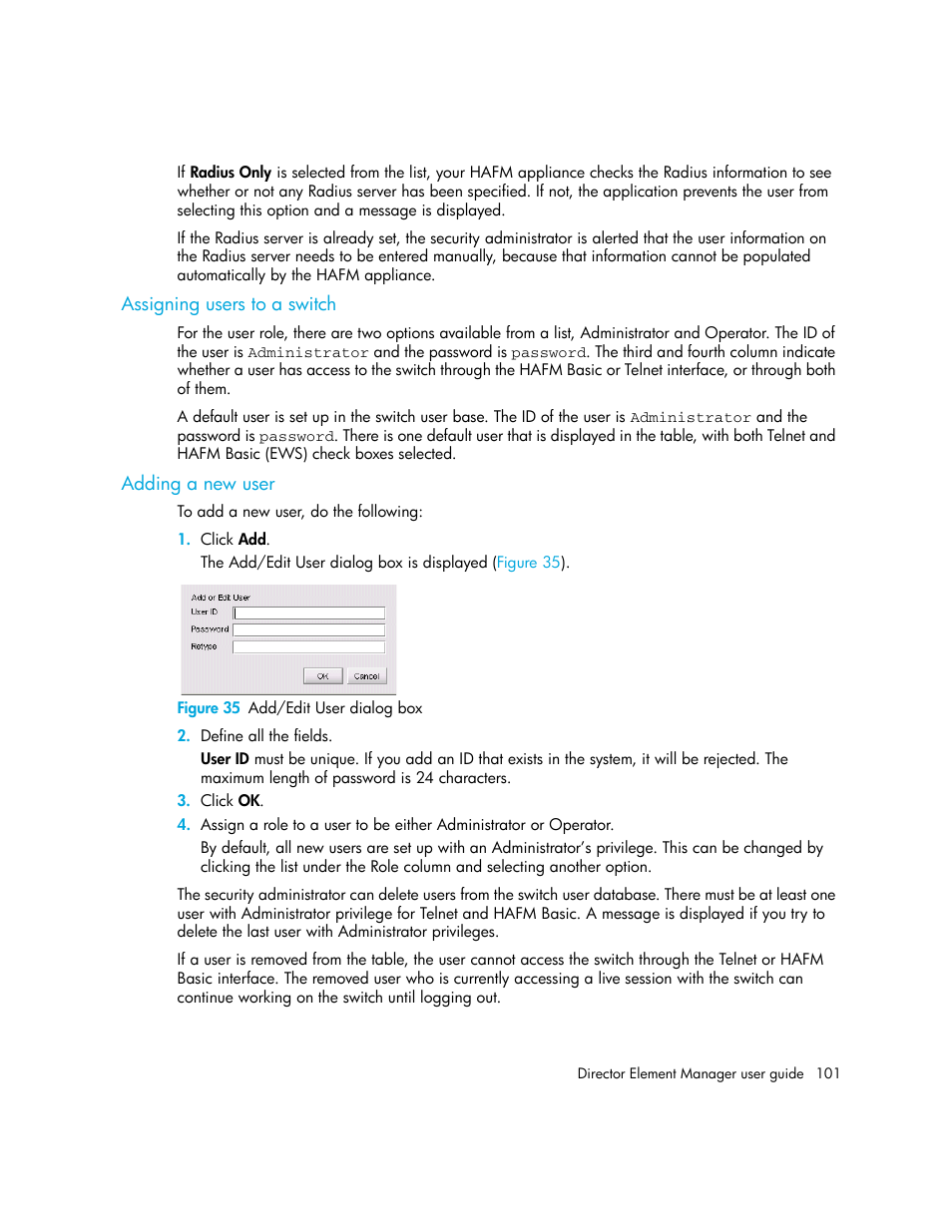 Assigning users to a switch, Adding a new user, Figure 35 add/edit user dialog box | 35 add/edit user dialog box | HP StorageWorks 2.140 Director Switch User Manual | Page 101 / 246