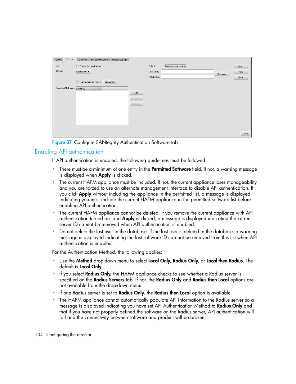 Enabling api authentication | HP StorageWorks 2.140 Director Switch User Manual | Page 104 / 246