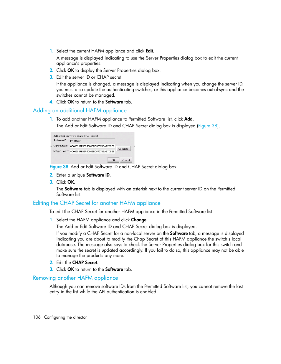 Adding an additional hafm appliance, Editing the chap secret for another hafm appliance, Removing another hafm appliance | HP StorageWorks 2.140 Director Switch User Manual | Page 106 / 246