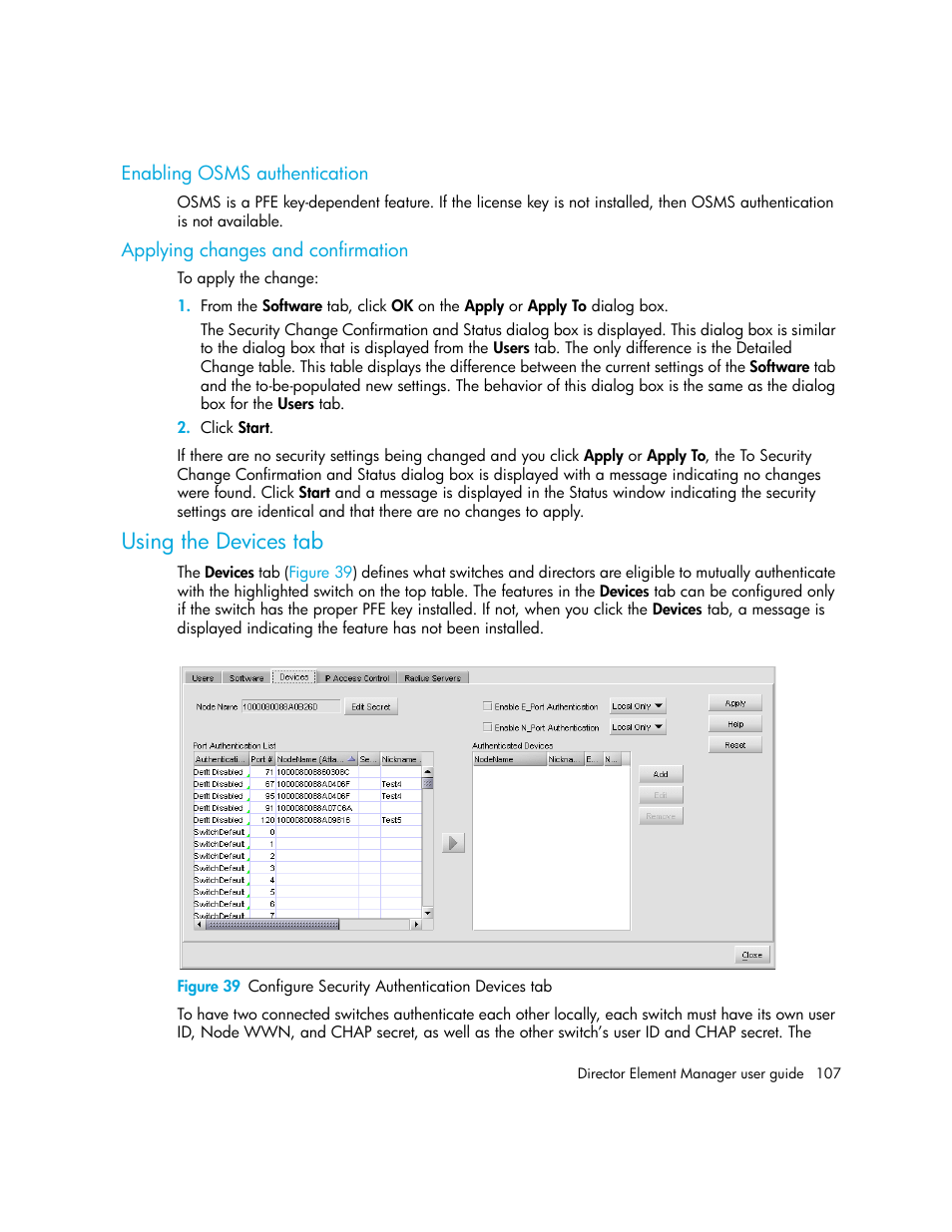 Enabling osms authentication, Applying changes and confirmation, Using the devices tab | 39 configure security authentication devices tab | HP StorageWorks 2.140 Director Switch User Manual | Page 107 / 246