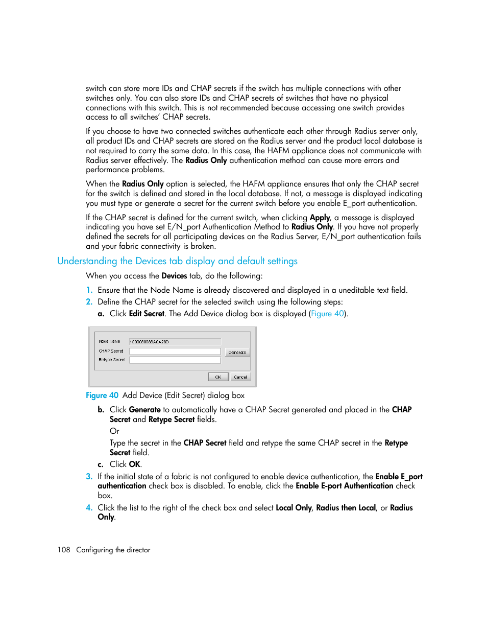 Figure 40 add device (edit secret) dialog box, 40 add device (edit secret) dialog box | HP StorageWorks 2.140 Director Switch User Manual | Page 108 / 246