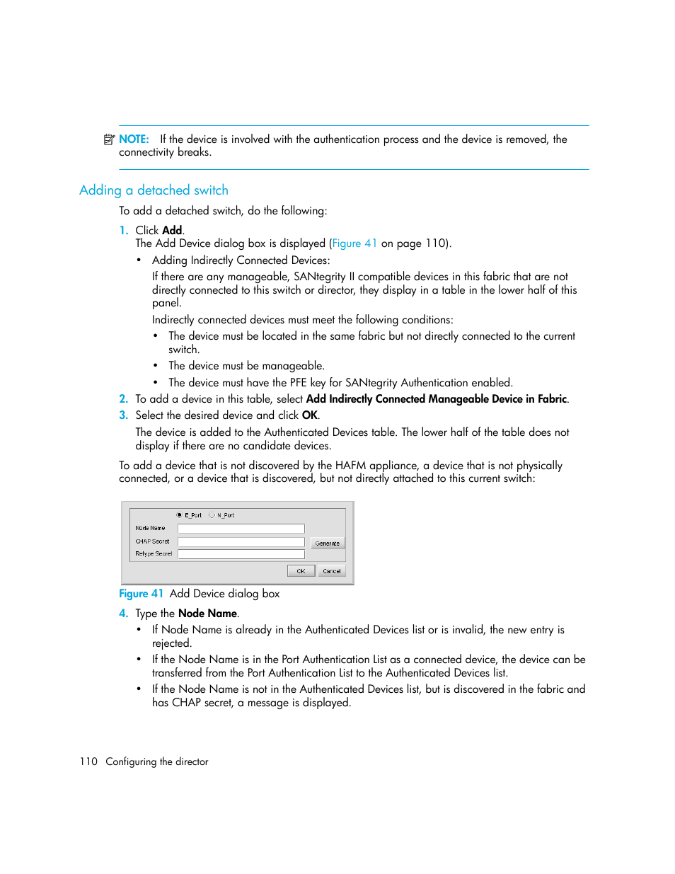 Adding a detached switch, Figure 41 add device dialog box, 41 add device dialog box | HP StorageWorks 2.140 Director Switch User Manual | Page 110 / 246
