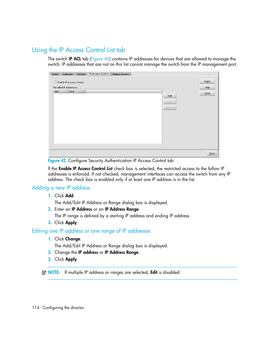 Using the ip access control list tab, Adding a new ip address | HP StorageWorks 2.140 Director Switch User Manual | Page 114 / 246
