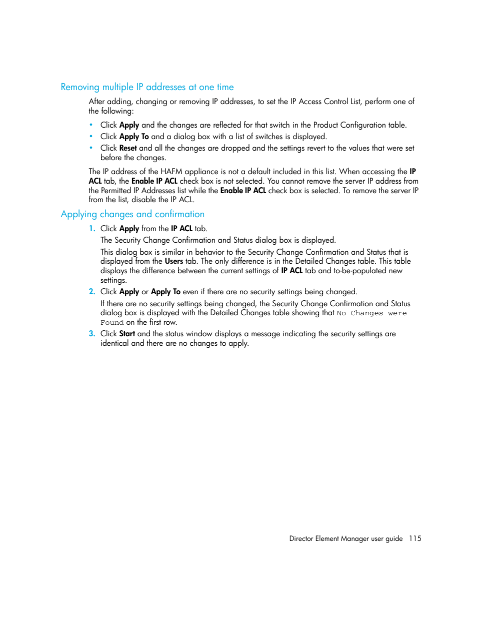 Removing multiple ip addresses at one time, Applying changes and confirmation | HP StorageWorks 2.140 Director Switch User Manual | Page 115 / 246