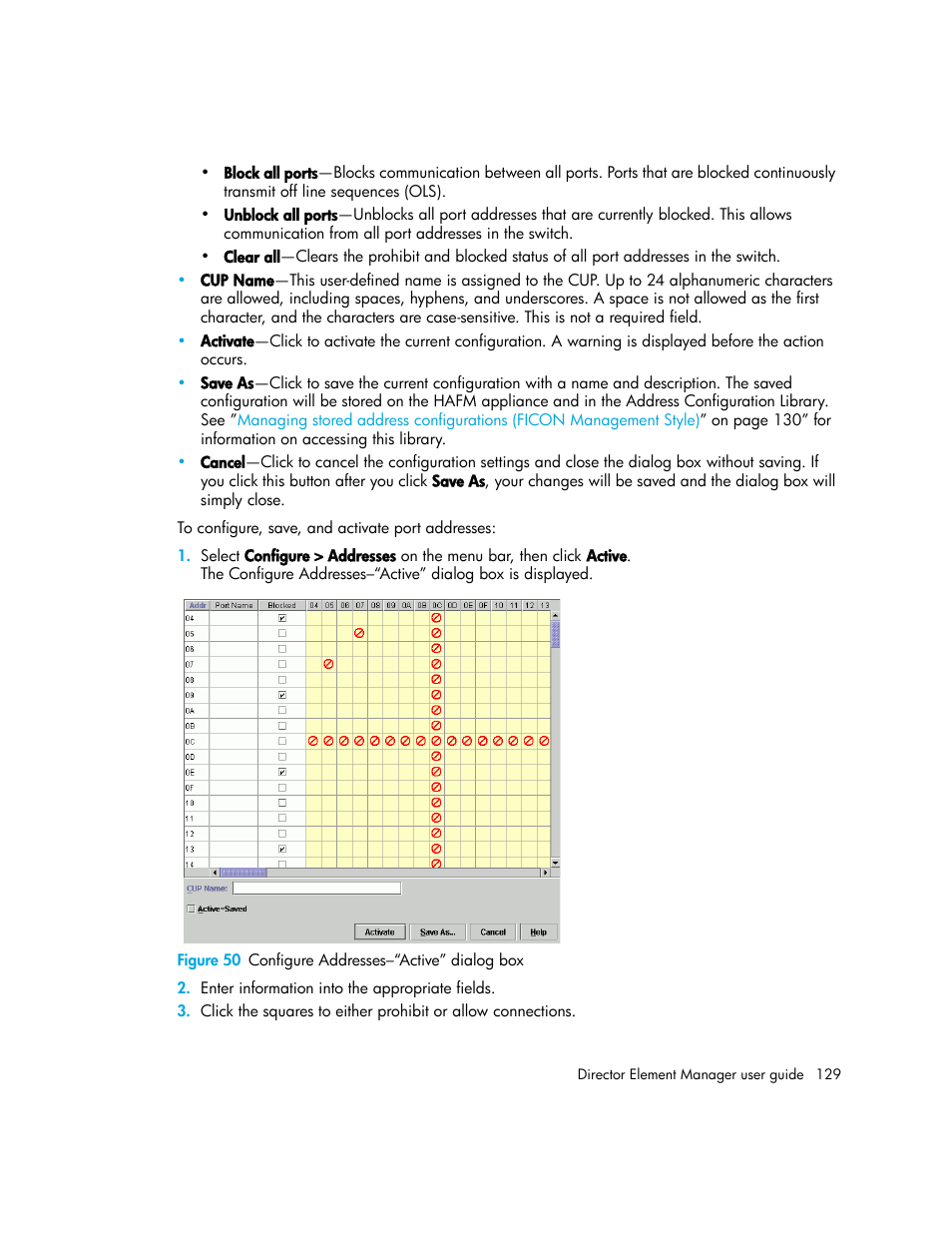 Figure 50 configure addresses-“active” dialog box, 50 configure addresses–“active” dialog box, Figure 50 | HP StorageWorks 2.140 Director Switch User Manual | Page 129 / 246