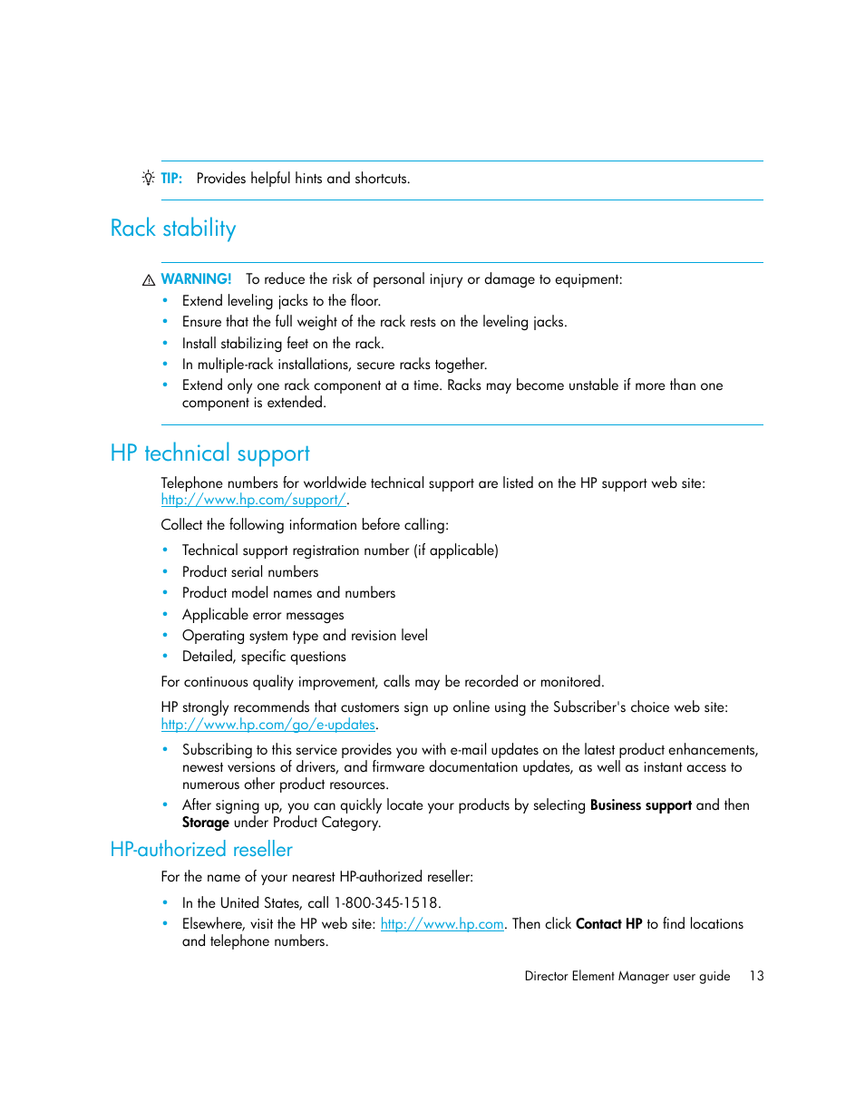 Rack stability, Hp technical support, Hp-authorized reseller | HP StorageWorks 2.140 Director Switch User Manual | Page 13 / 246