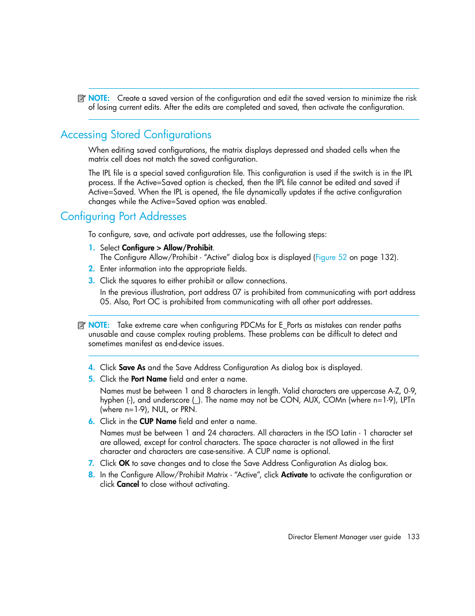 Accessing stored configurations, Configuring port addresses | HP StorageWorks 2.140 Director Switch User Manual | Page 133 / 246