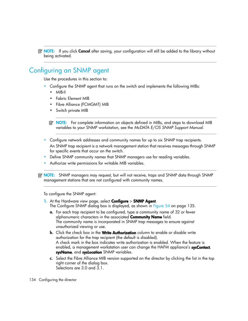 Configuring an snmp agent | HP StorageWorks 2.140 Director Switch User Manual | Page 134 / 246