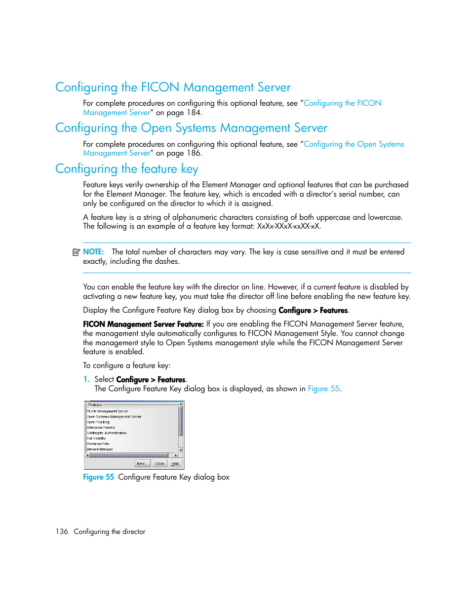 Configuring the ficon management server, Configuring the open systems management server, Configuring the feature key | Figure 55 configure feature key dialog box, 55 configure feature key dialog box, Configuring the feature | HP StorageWorks 2.140 Director Switch User Manual | Page 136 / 246