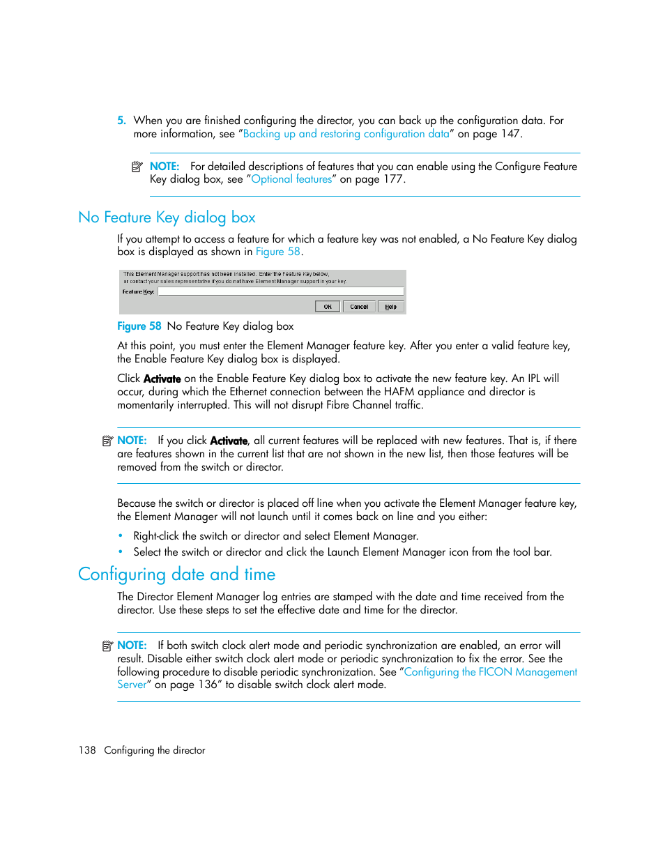 No feature key dialog box, Figure 58 no feature key dialog box, Configuring date and time | 58 no feature key dialog box | HP StorageWorks 2.140 Director Switch User Manual | Page 138 / 246