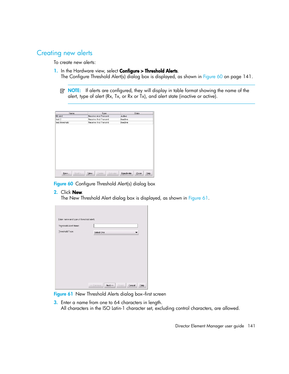 Creating new alerts, Figure 60 configure threshold alert(s) dialog box, 60 configure threshold alert(s) dialog box | 61 new threshold alerts dialog box–first screen | HP StorageWorks 2.140 Director Switch User Manual | Page 141 / 246