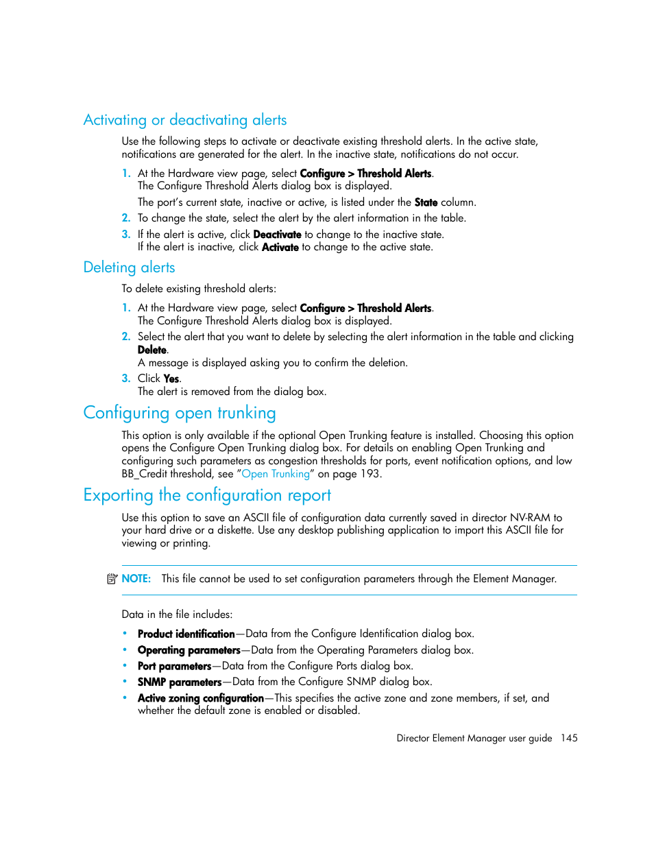 Activating or deactivating alerts, Deleting alerts, Configuring open trunking | Exporting the configuration report | HP StorageWorks 2.140 Director Switch User Manual | Page 145 / 246