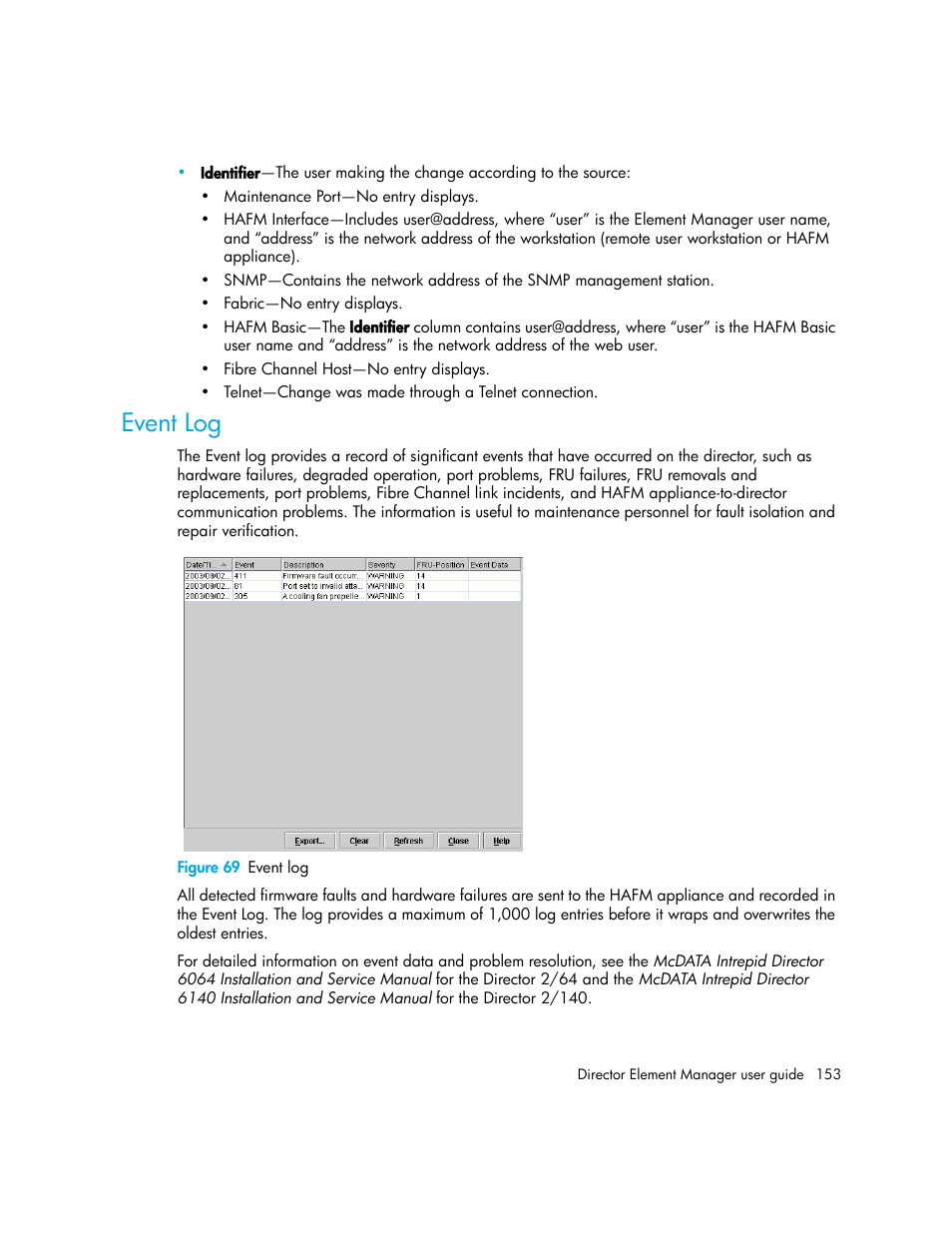 Event log, Figure 69 event log, 69 event log | HP StorageWorks 2.140 Director Switch User Manual | Page 153 / 246