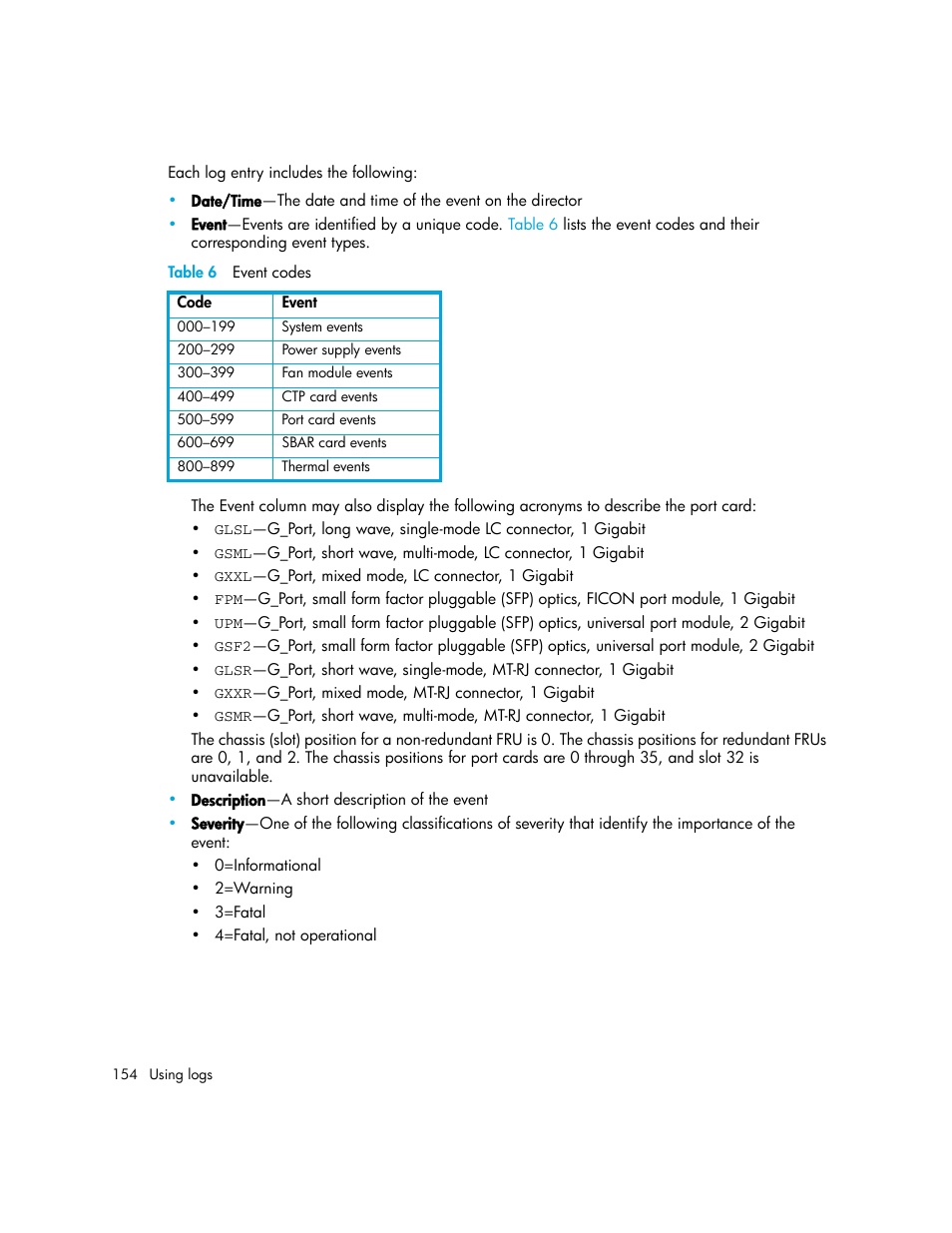 Table 6 event codes, 6 event codes | HP StorageWorks 2.140 Director Switch User Manual | Page 154 / 246