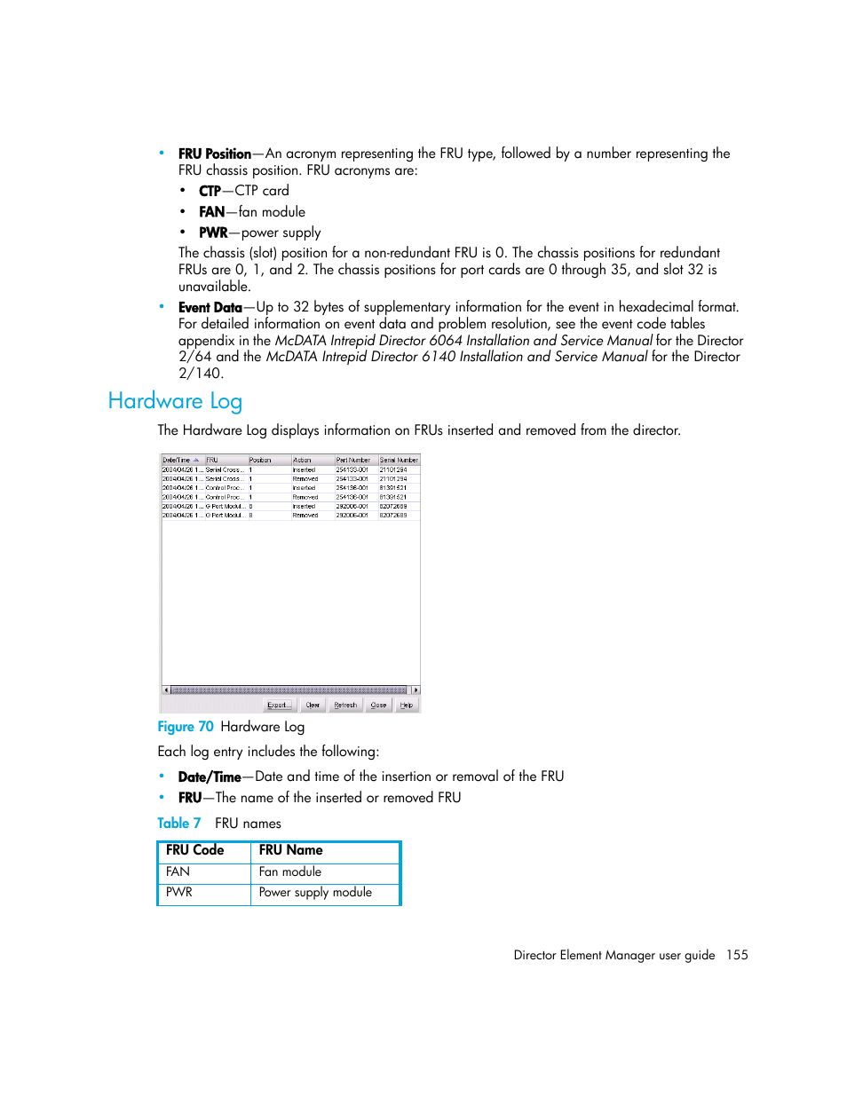 Hardware log, Figure 70 hardware log, Table 7 fru names | 70 hardware log, 7 fru names | HP StorageWorks 2.140 Director Switch User Manual | Page 155 / 246