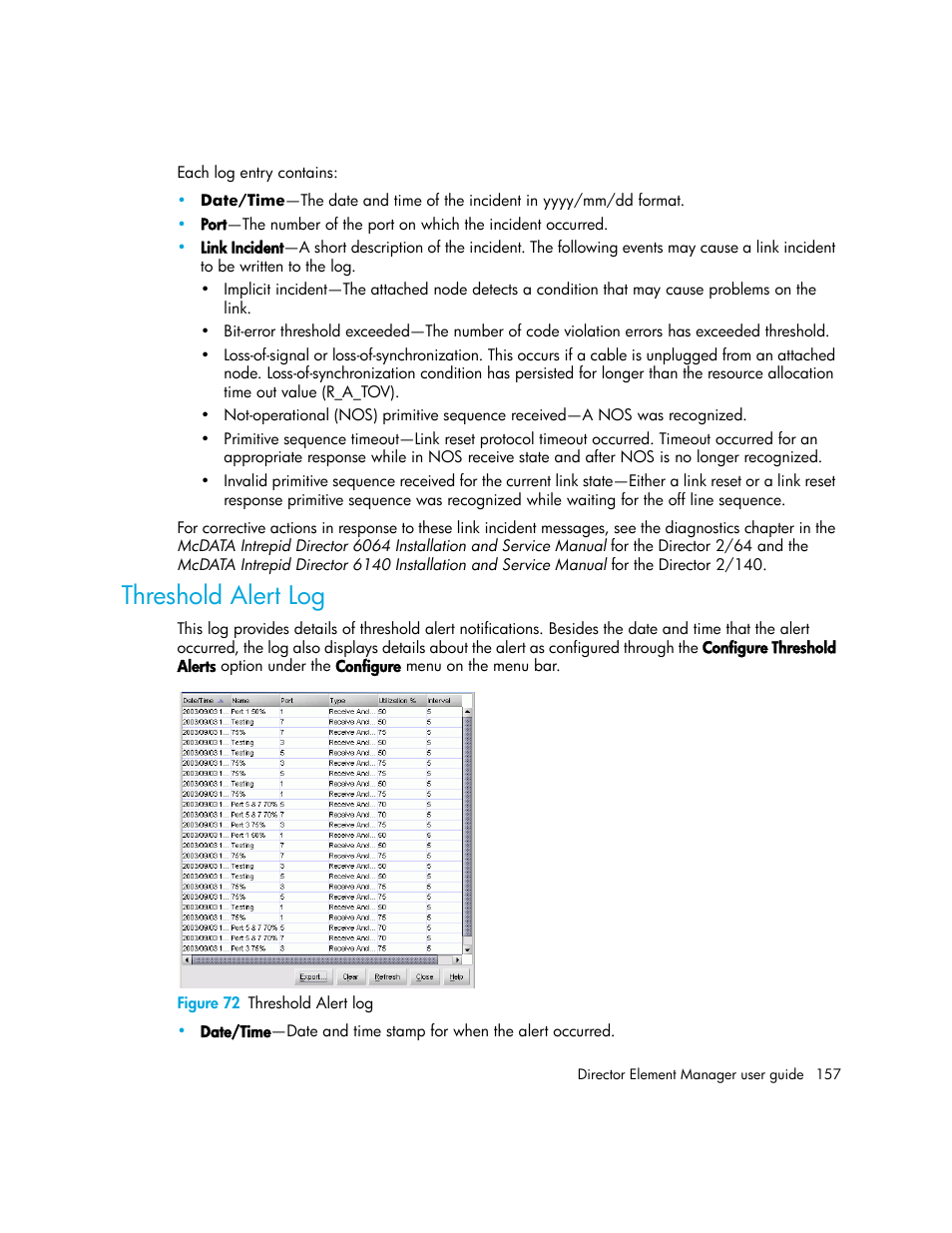 Threshold alert log, Figure 72 threshold alert log, 72 threshold alert log | HP StorageWorks 2.140 Director Switch User Manual | Page 157 / 246