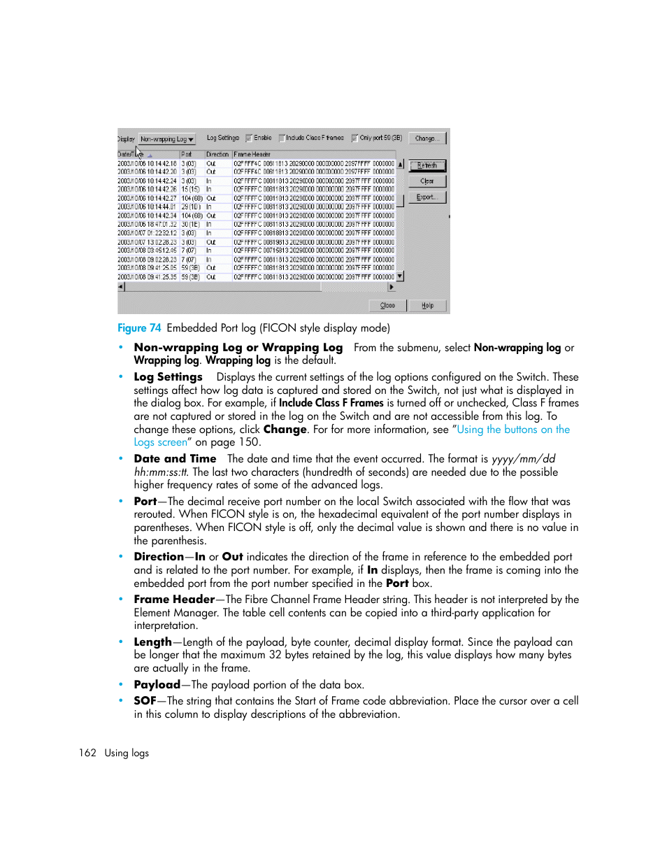 74 embedded port log (ficon style display mode) | HP StorageWorks 2.140 Director Switch User Manual | Page 162 / 246