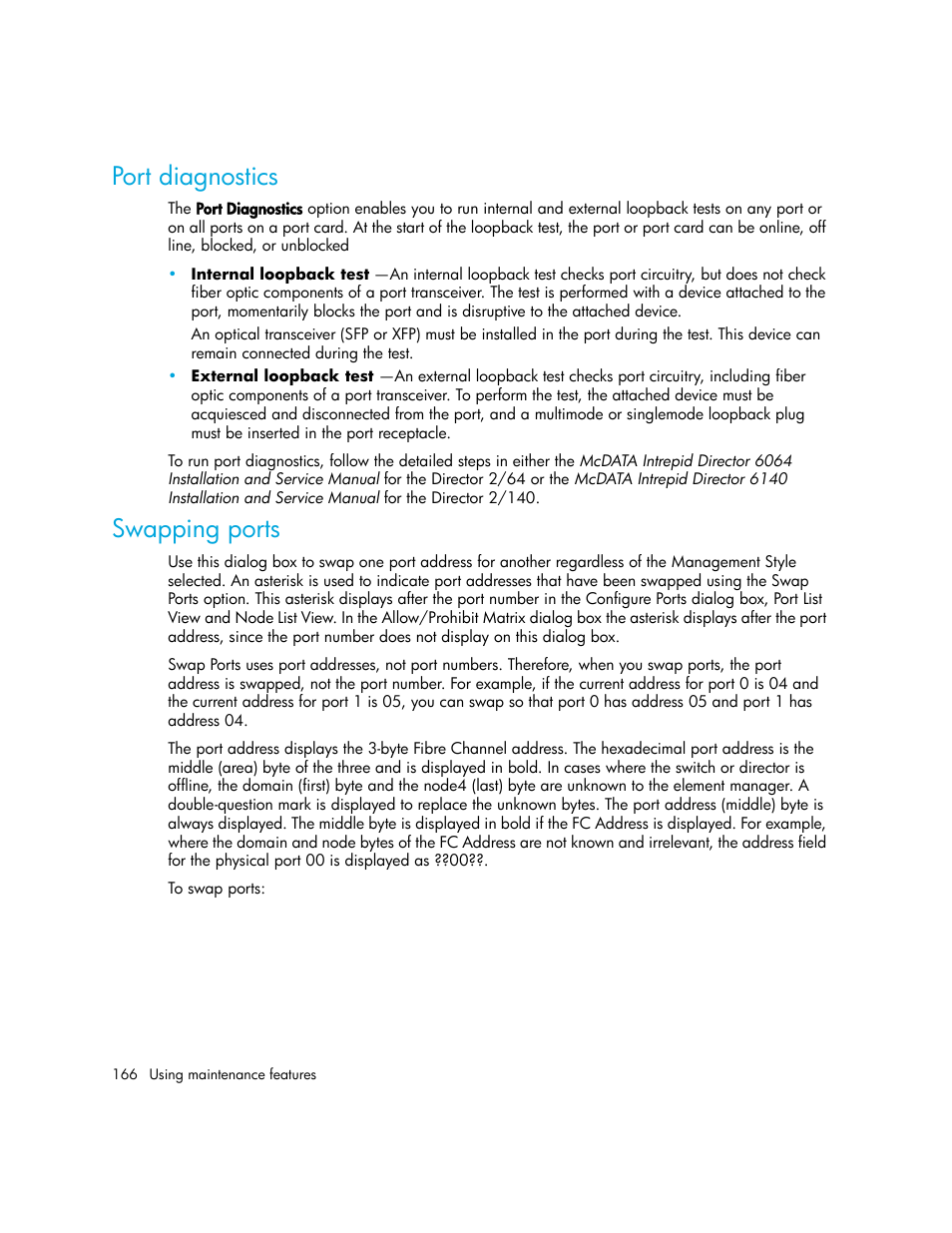 Port diagnostics, Swapping ports | HP StorageWorks 2.140 Director Switch User Manual | Page 166 / 246