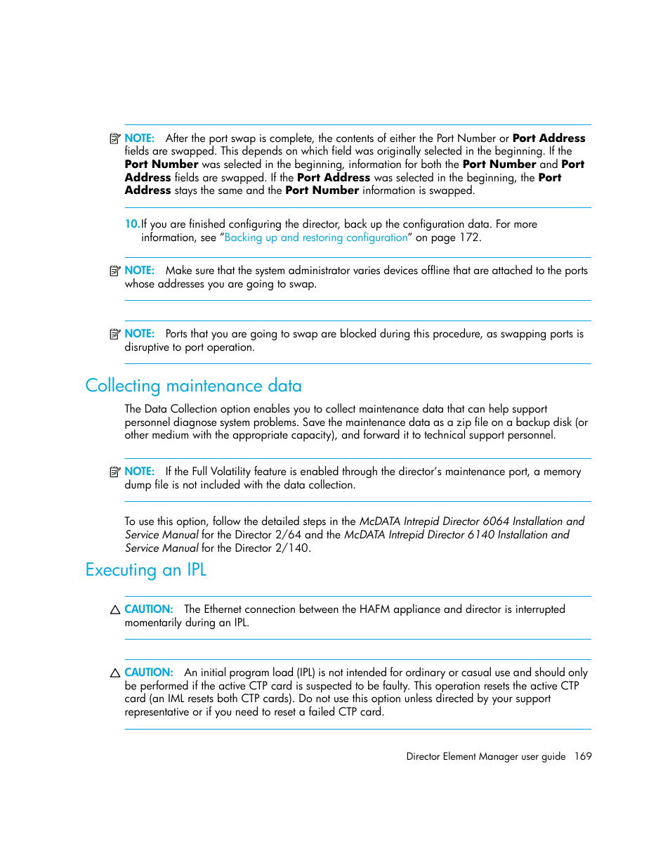 Collecting maintenance data, Executing an ipl | HP StorageWorks 2.140 Director Switch User Manual | Page 169 / 246