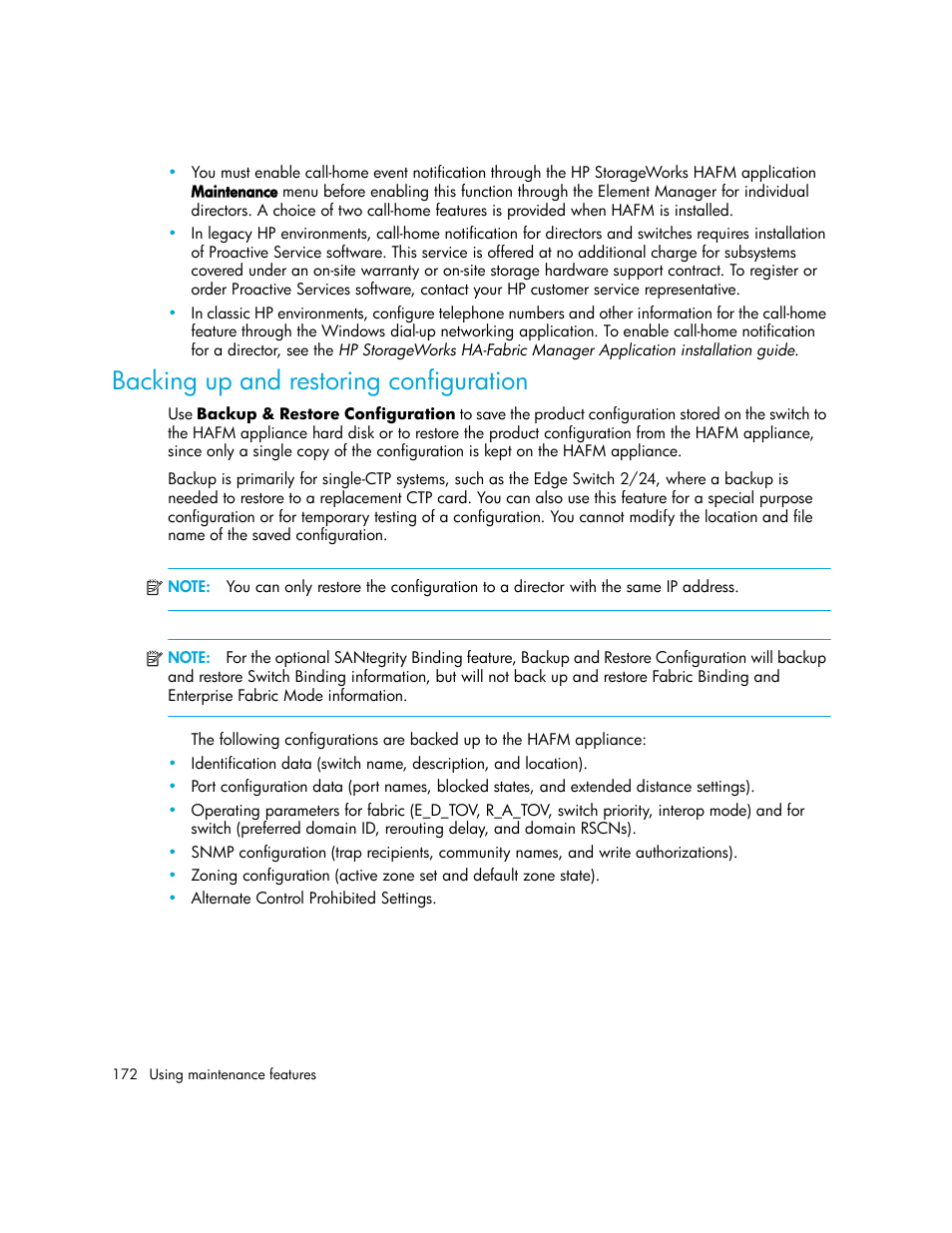 Backing up and restoring configuration | HP StorageWorks 2.140 Director Switch User Manual | Page 172 / 246