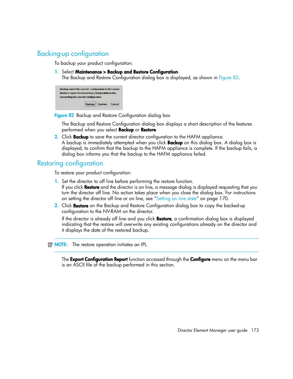 Backing-up configuration, Restoring configuration, 82 backup and restore configuration dialog box | HP StorageWorks 2.140 Director Switch User Manual | Page 173 / 246