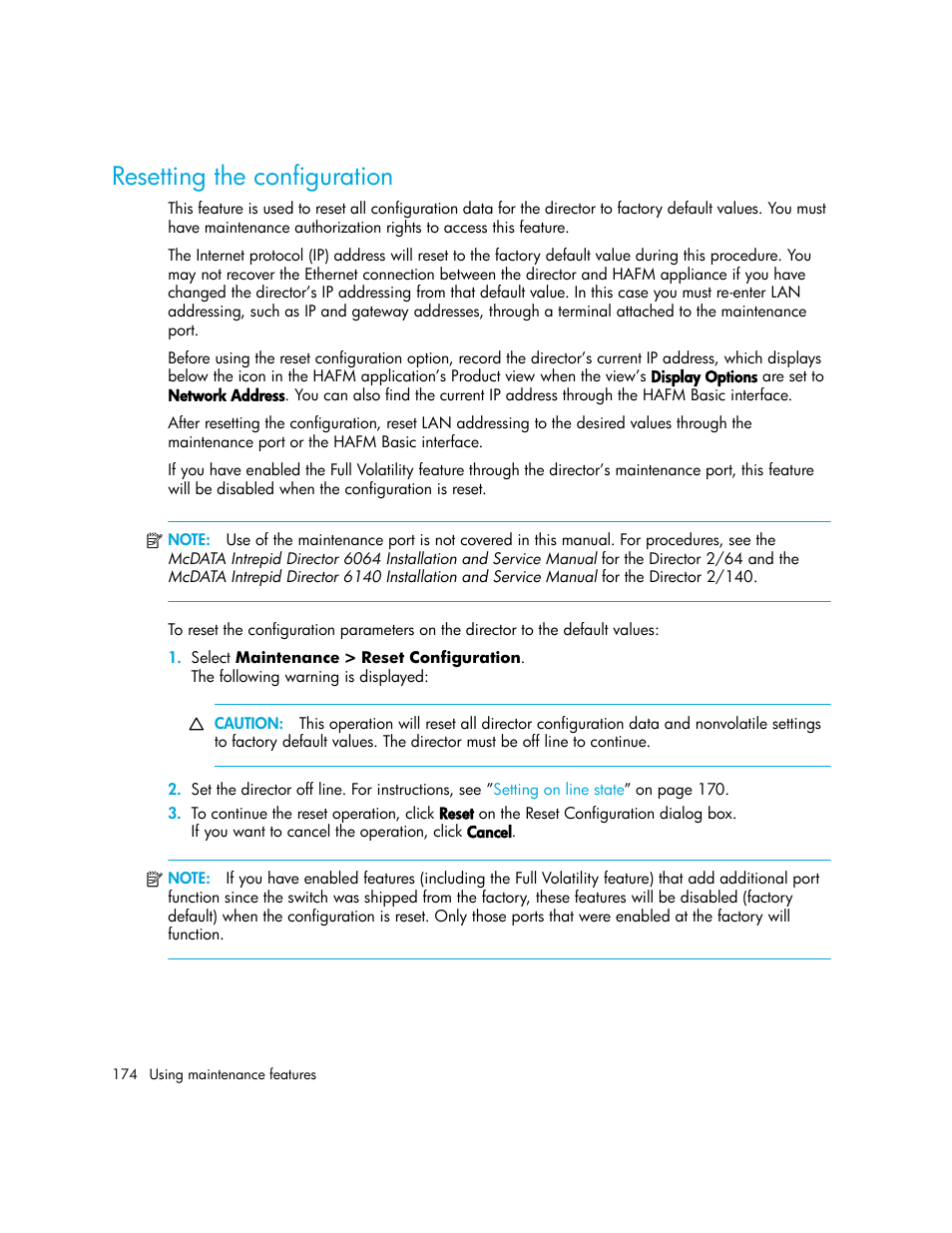 Resetting the configuration | HP StorageWorks 2.140 Director Switch User Manual | Page 174 / 246