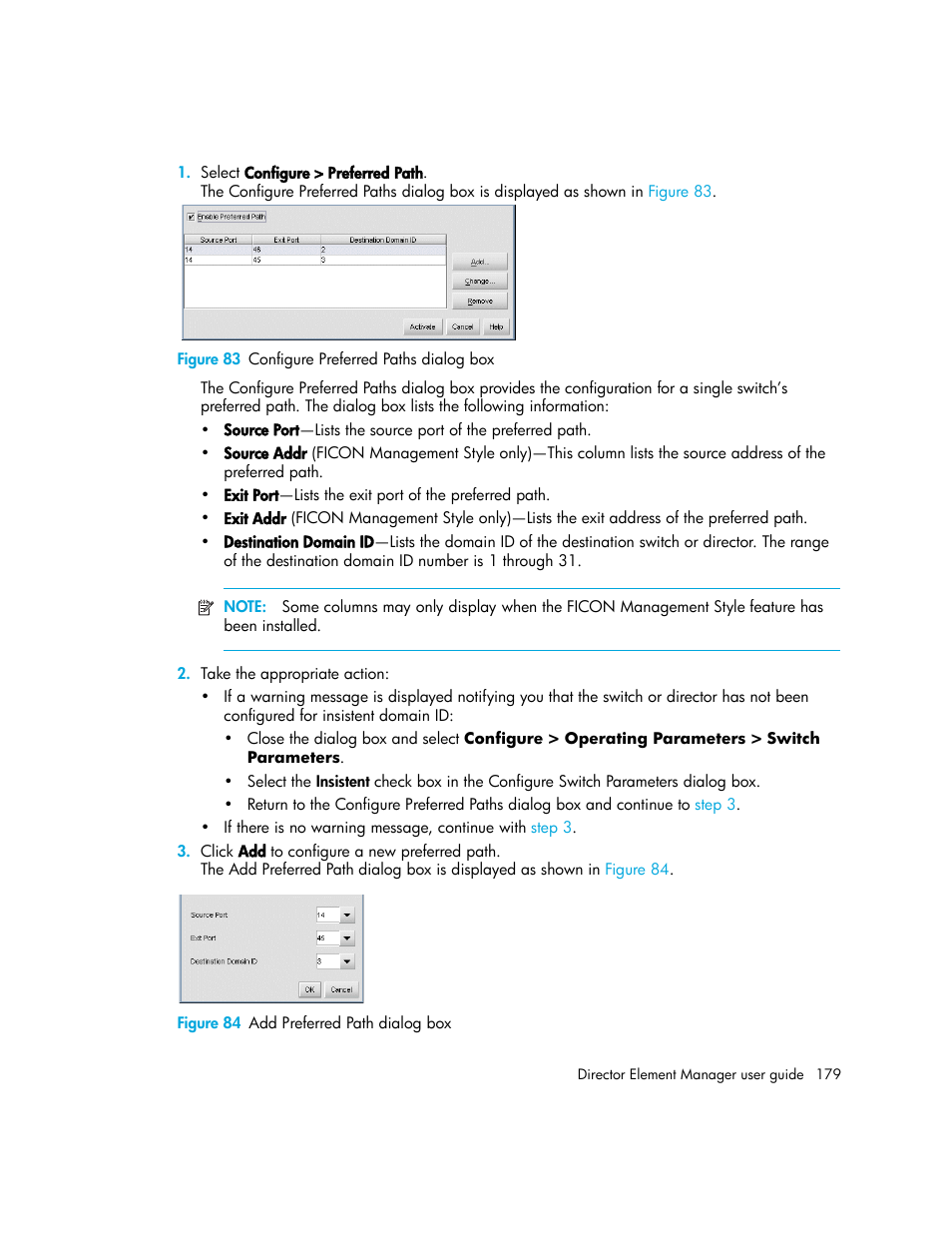 Figure 83 configure preferred paths dialog box, Figure 84 add preferred path dialog box, 83 configure preferred paths dialog box | 84 add preferred path dialog box | HP StorageWorks 2.140 Director Switch User Manual | Page 179 / 246