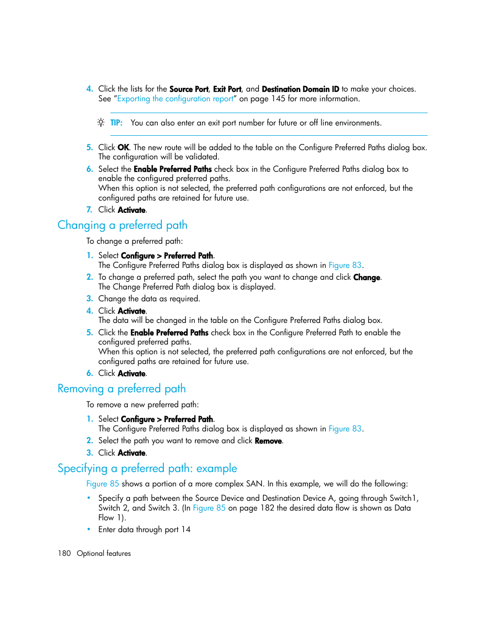 Changing a preferred path, Removing a preferred path, Specifying a preferred path: example | HP StorageWorks 2.140 Director Switch User Manual | Page 180 / 246