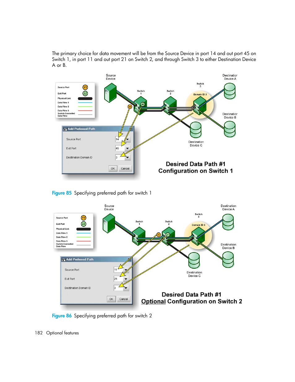 Figure 85 specifying preferred path for switch 1, Figure 86 specifying preferred path for switch 2, 85 specifying preferred path for switch 1 | 86 specifying preferred path for switch 2, Figure 85 | HP StorageWorks 2.140 Director Switch User Manual | Page 182 / 246
