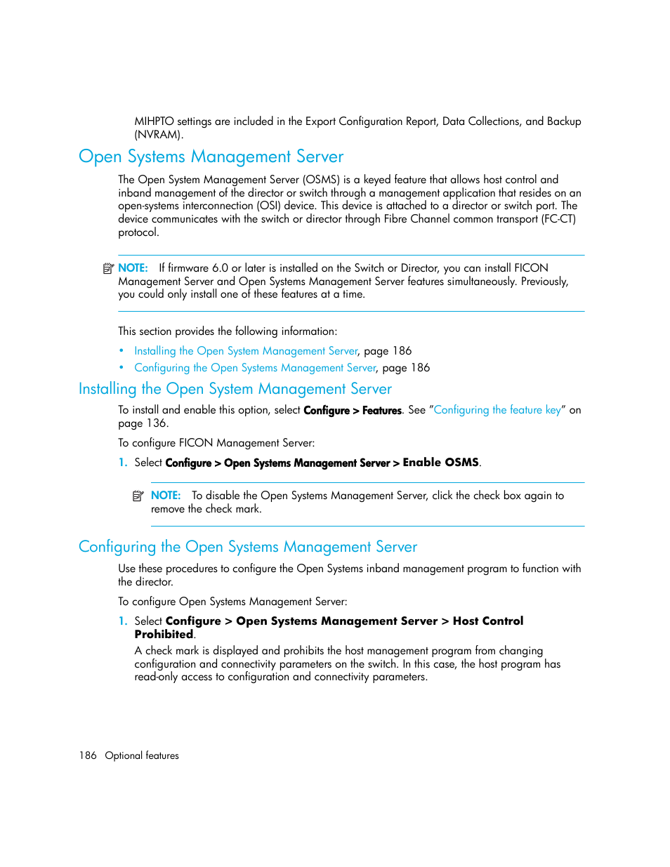 Open systems management server, Installing the open system management server, Configuring the open systems management server | Configuring the open systems, Management server | HP StorageWorks 2.140 Director Switch User Manual | Page 186 / 246