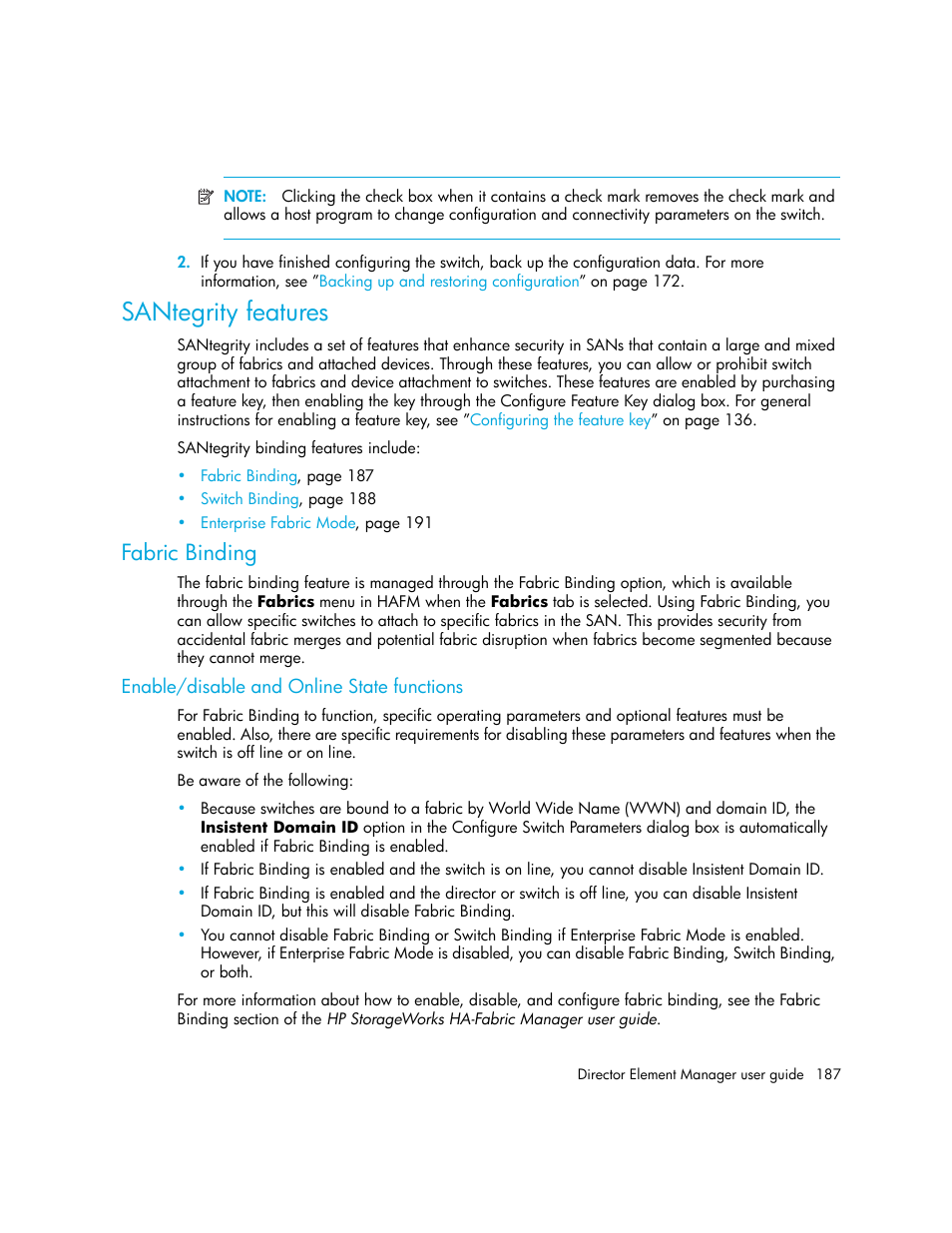 Santegrity features, Fabric binding, Enable/disable and online state functions | HP StorageWorks 2.140 Director Switch User Manual | Page 187 / 246