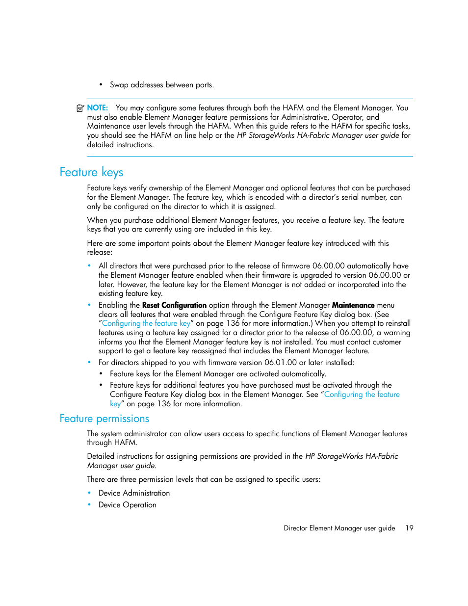 Feature keys, Feature permissions | HP StorageWorks 2.140 Director Switch User Manual | Page 19 / 246