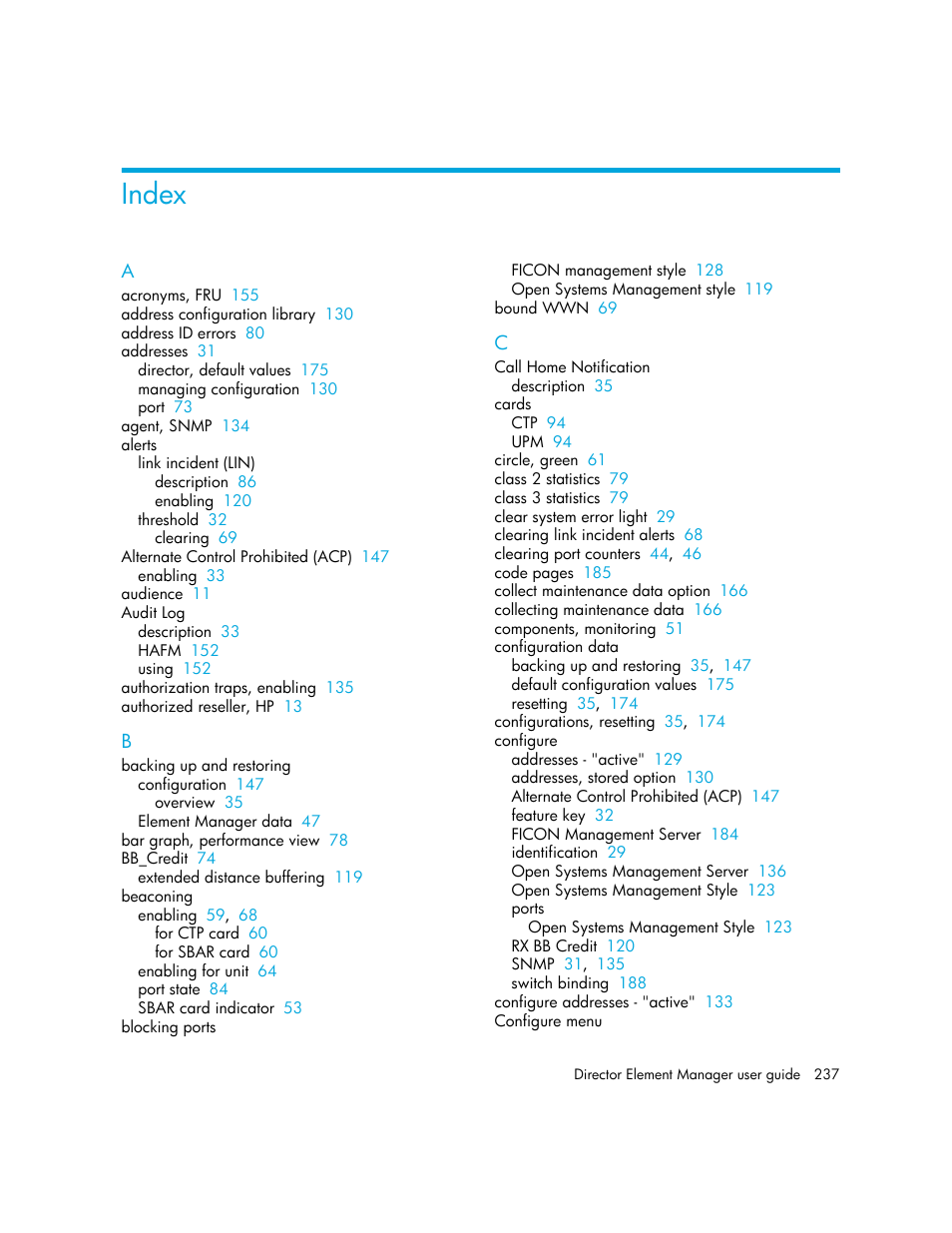 Index | HP StorageWorks 2.140 Director Switch User Manual | Page 237 / 246