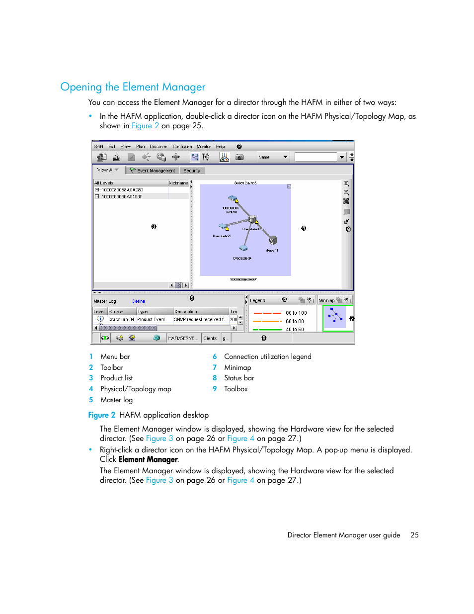 Opening the element manager, Figure 2 hafm application desktop, 2 hafm application desktop | HP StorageWorks 2.140 Director Switch User Manual | Page 25 / 246