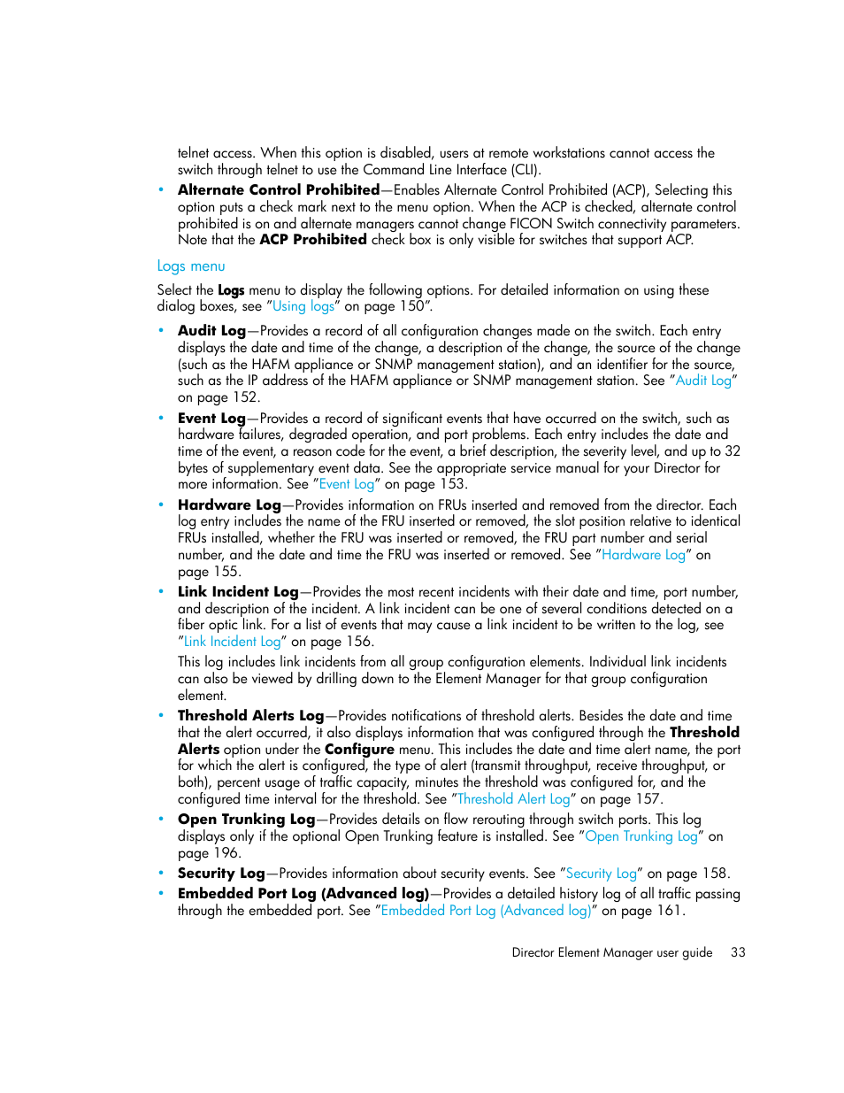 Logs menu | HP StorageWorks 2.140 Director Switch User Manual | Page 33 / 246