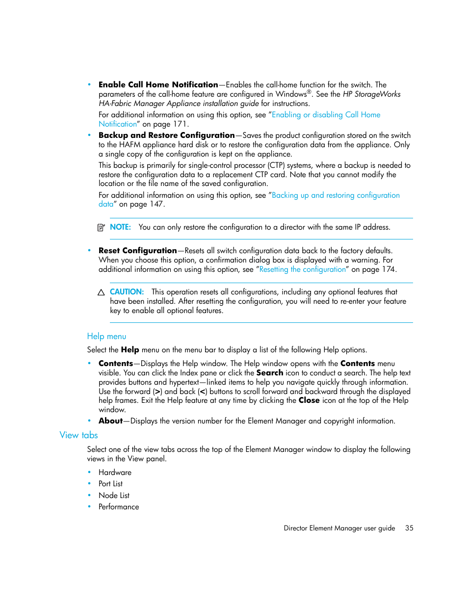 Help menu, View tabs | HP StorageWorks 2.140 Director Switch User Manual | Page 35 / 246
