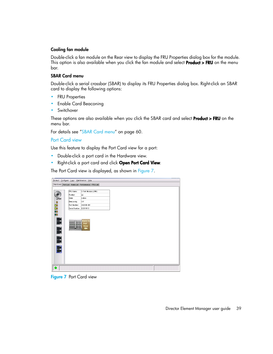 Cooling fan module, Sbar card menu, Port card view | Figure 7 port card view, 7 port card view | HP StorageWorks 2.140 Director Switch User Manual | Page 39 / 246