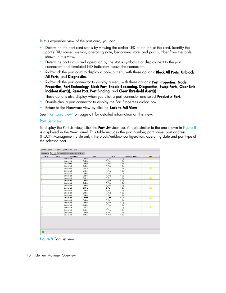 Port list view, Figure 8 port list view, 8 port list view | HP StorageWorks 2.140 Director Switch User Manual | Page 40 / 246