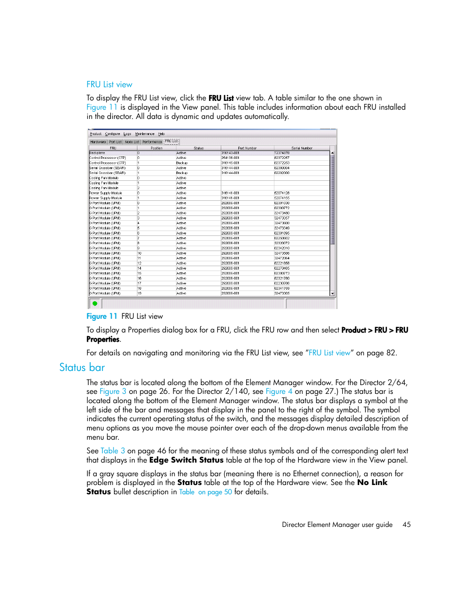 Fru list view, Figure 11 fru list view, Status bar | 11 fru list view | HP StorageWorks 2.140 Director Switch User Manual | Page 45 / 246