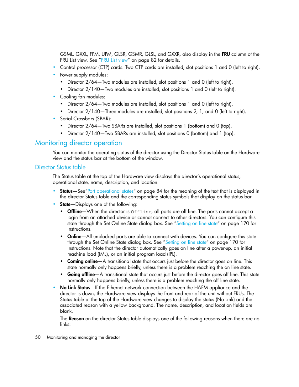 Monitoring director operation, Director status table | HP StorageWorks 2.140 Director Switch User Manual | Page 50 / 246