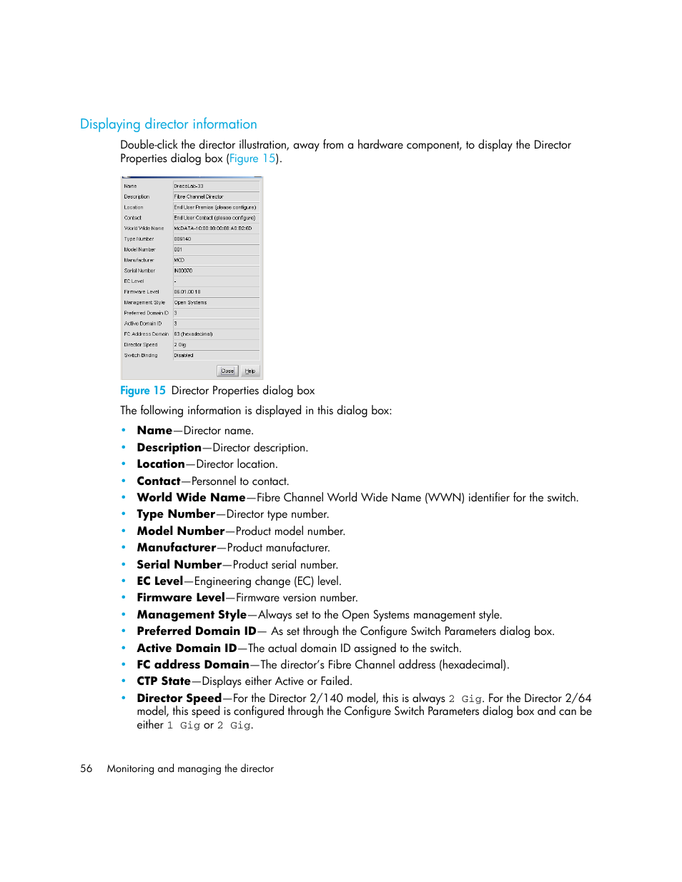 Displaying director information, Figure 15 director properties dialog box, 15 director properties dialog box | Under, Displaying director, Information | HP StorageWorks 2.140 Director Switch User Manual | Page 56 / 246