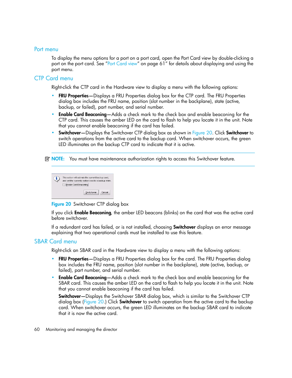 Port menu, Ctp card menu, Figure 20 switchover ctp dialog box | Sbar card menu, 20 switchover ctp dialog box | HP StorageWorks 2.140 Director Switch User Manual | Page 60 / 246