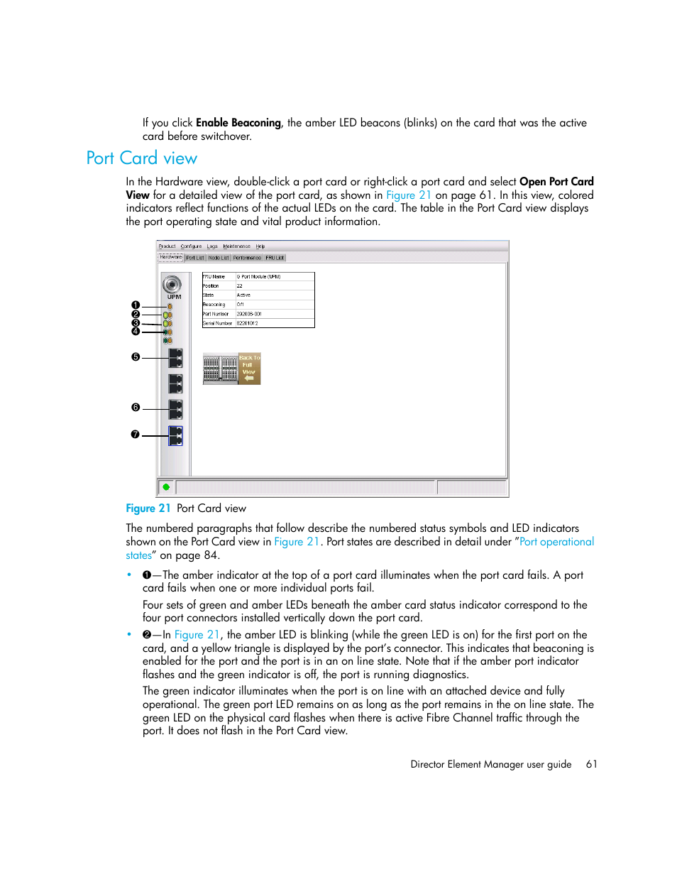 Port card view, Figure 21 port card view, 21 port card view | HP StorageWorks 2.140 Director Switch User Manual | Page 61 / 246