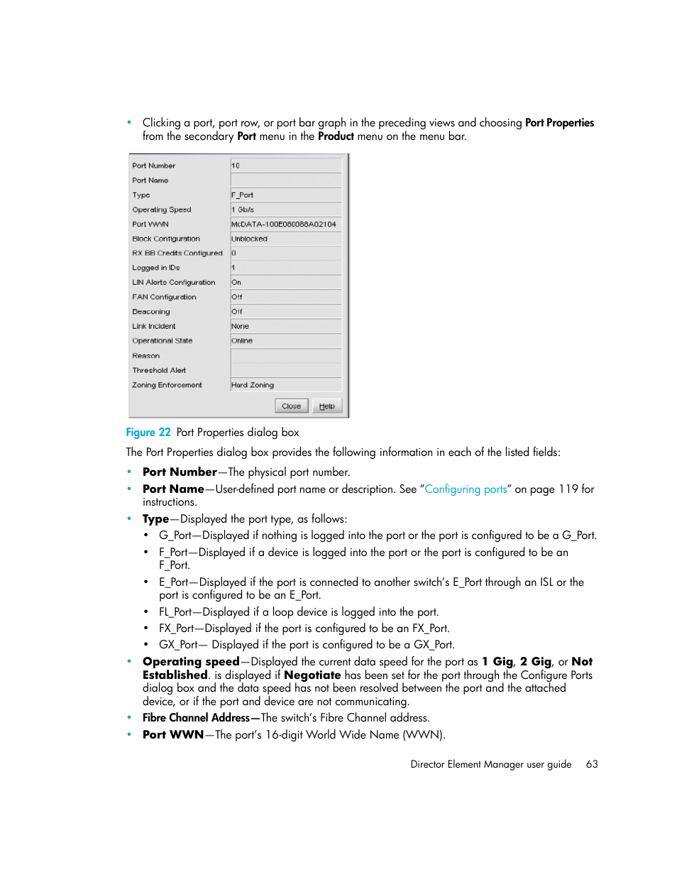 Figure 22 port properties dialog box, 22 port properties dialog box | HP StorageWorks 2.140 Director Switch User Manual | Page 63 / 246