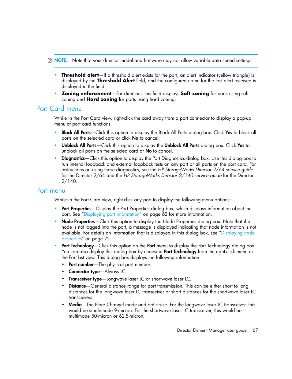 Port card menu, Port menu | HP StorageWorks 2.140 Director Switch User Manual | Page 67 / 246