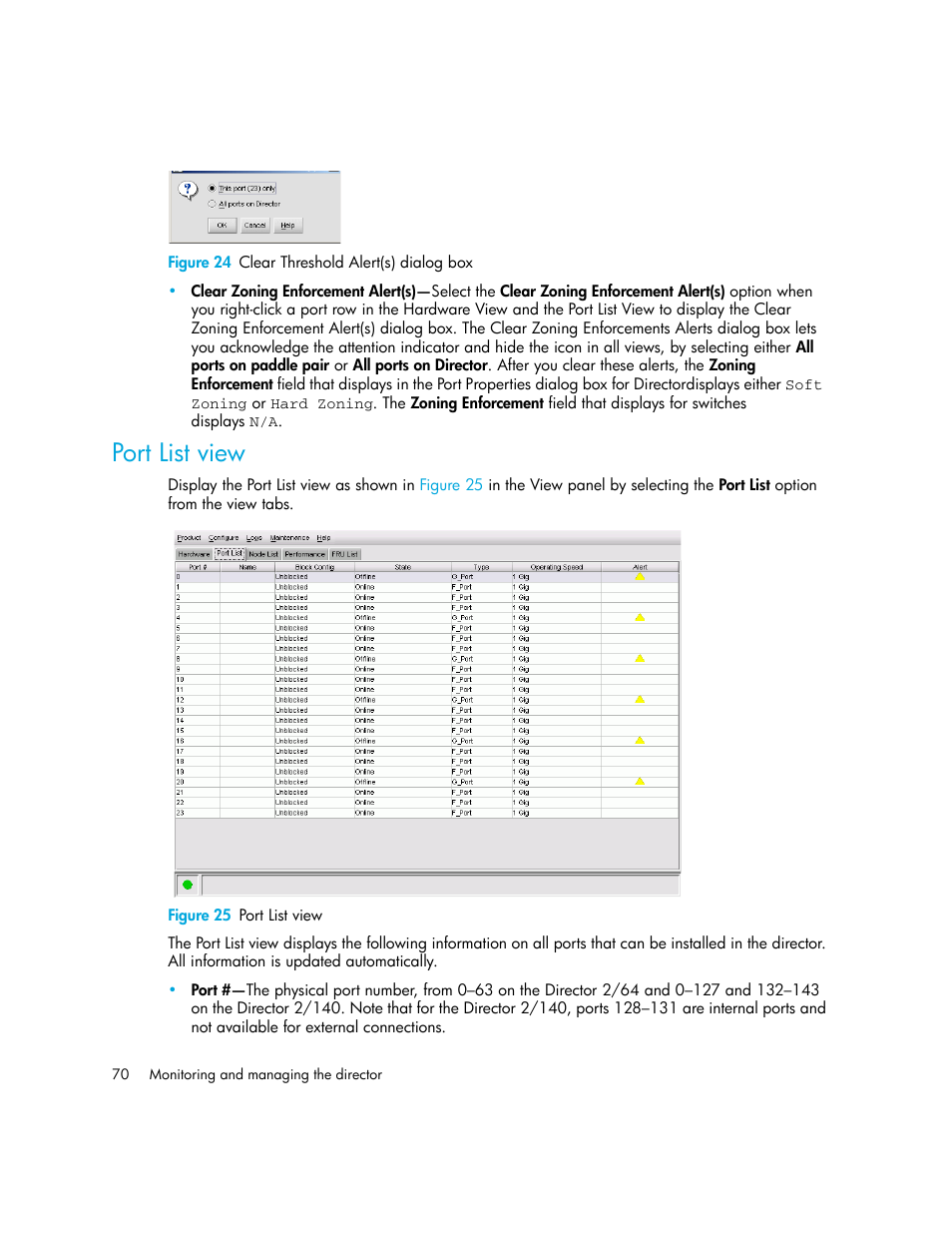 Figure 24 clear threshold alert(s) dialog box, Port list view, Figure 25 port list view | 24 clear threshold alert(s) dialog box, 25 port list view, Figure 24 | HP StorageWorks 2.140 Director Switch User Manual | Page 70 / 246