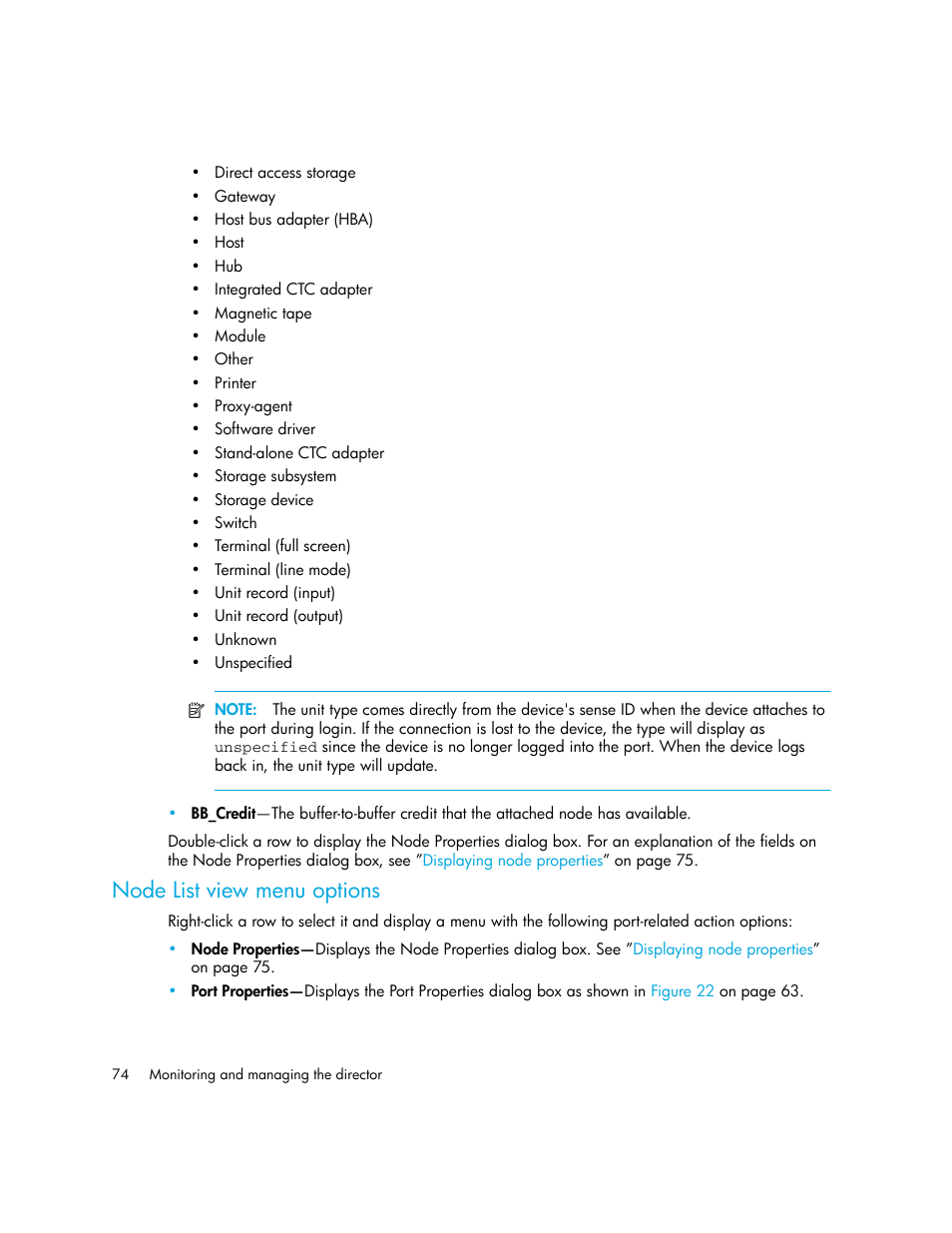 Node list view menu options | HP StorageWorks 2.140 Director Switch User Manual | Page 74 / 246