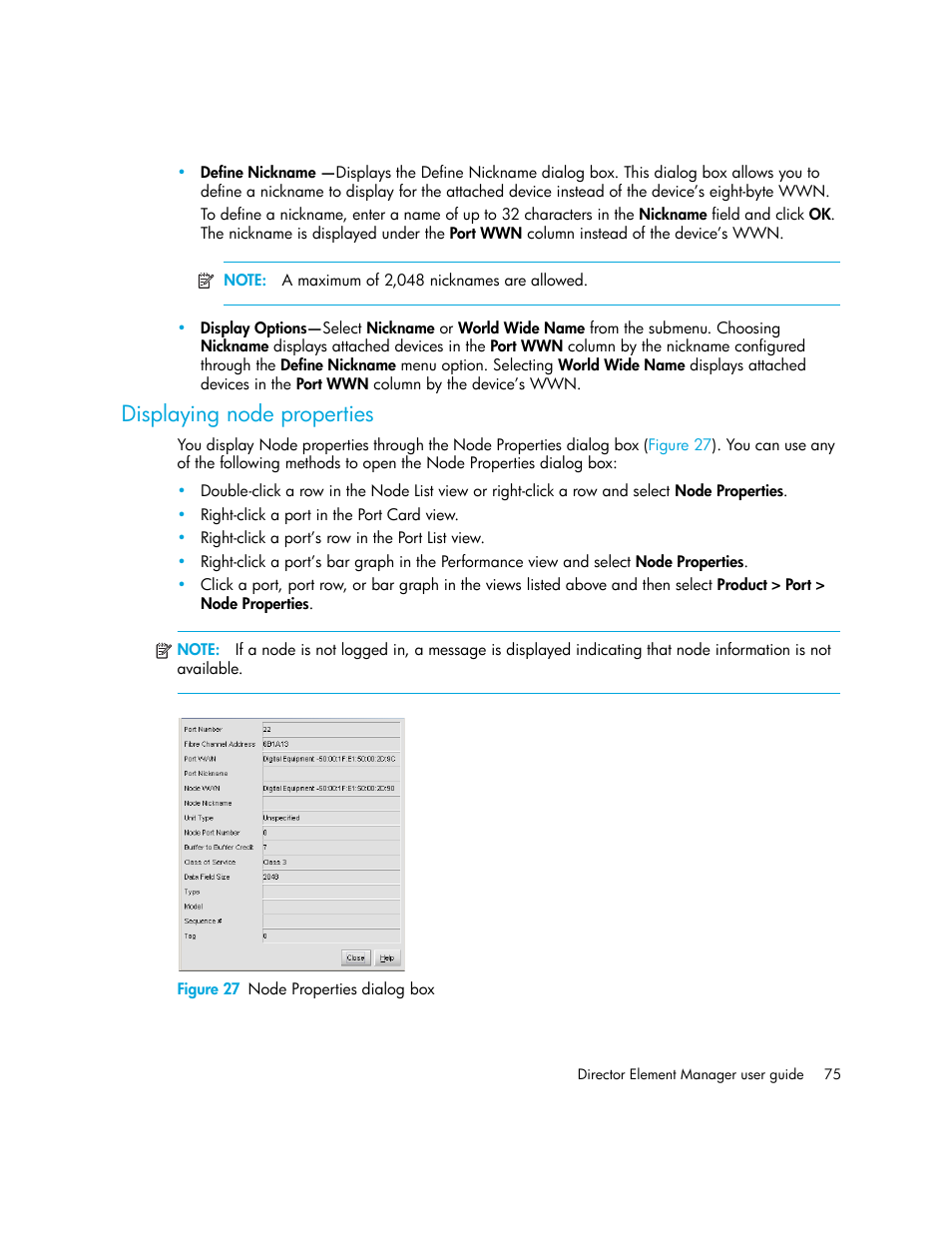 Displaying node properties, Figure 27 node properties dialog box, 27 node properties dialog box | Displaying node, Properties | HP StorageWorks 2.140 Director Switch User Manual | Page 75 / 246