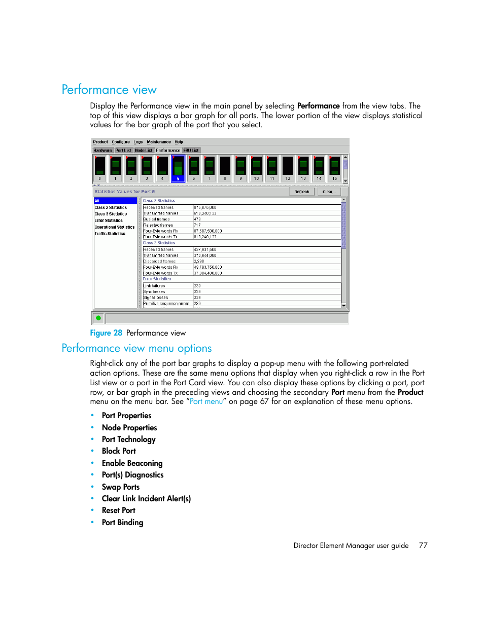 Performance view, Figure 28 performance view, Performance view menu options | 28 performance view, Performance, View | HP StorageWorks 2.140 Director Switch User Manual | Page 77 / 246