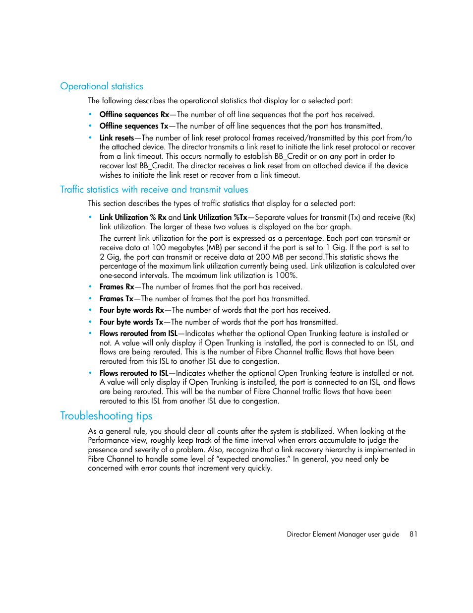 Operational statistics, Troubleshooting tips | HP StorageWorks 2.140 Director Switch User Manual | Page 81 / 246